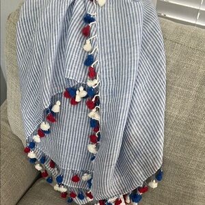 Club Monaco Blue and White Striped Throw with Red and Blue Tassels